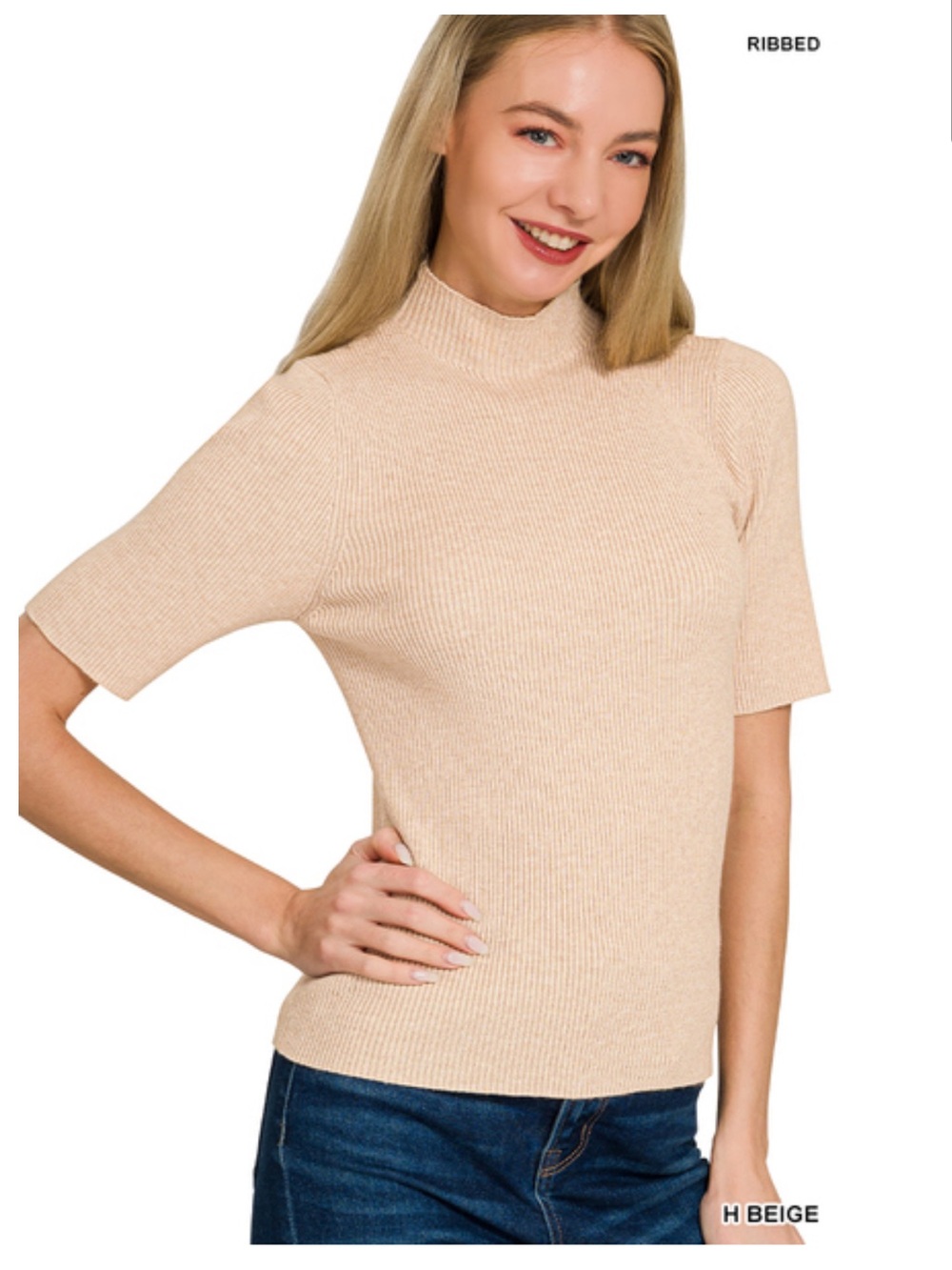492 ❤️ h beige SOFT STRETCHY VISCOSE MOCK RIBBED SWEATER